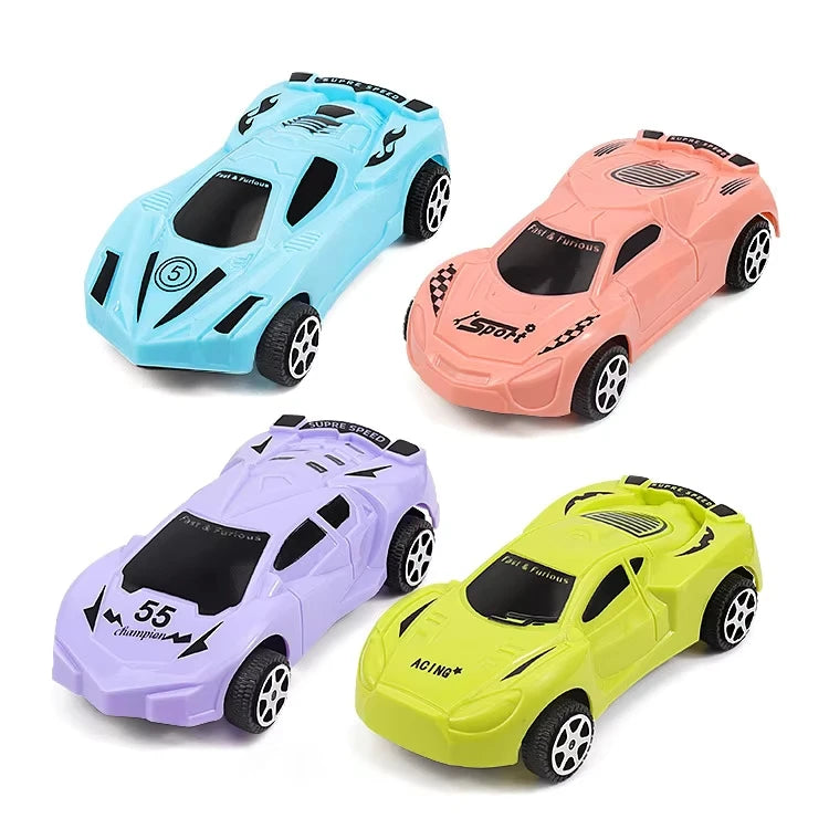 A set of four brightly colored, stylized toy cars in blue, pink, purple, and yellow for a DIY electronic circuit building blo