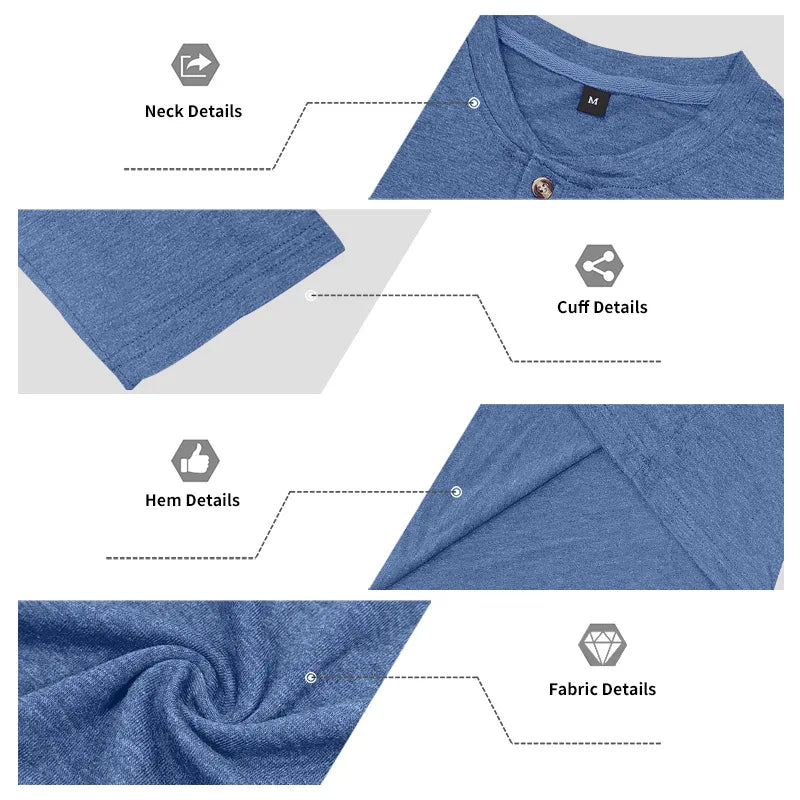 Close-up details of a blue denim long-sleeve shirt showing the neck, cuff, hem, and fabric texture.