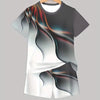 A gray t-shirt and matching shorts set featuring abstract, flowing colors in black, white, and orange tones.