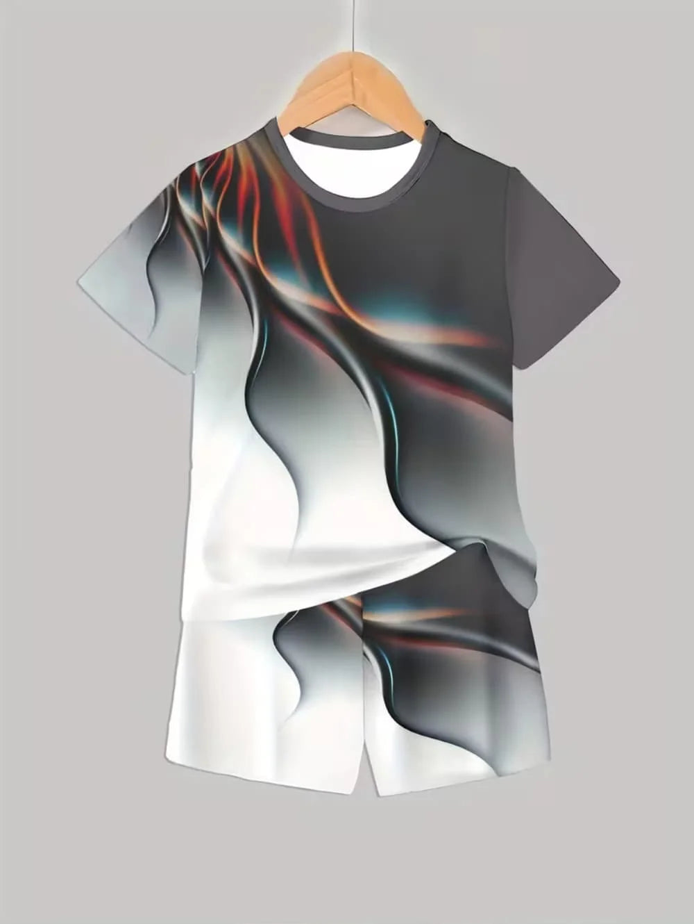 A gray t-shirt and matching shorts set featuring abstract, flowing colors in black, white, and orange tones.