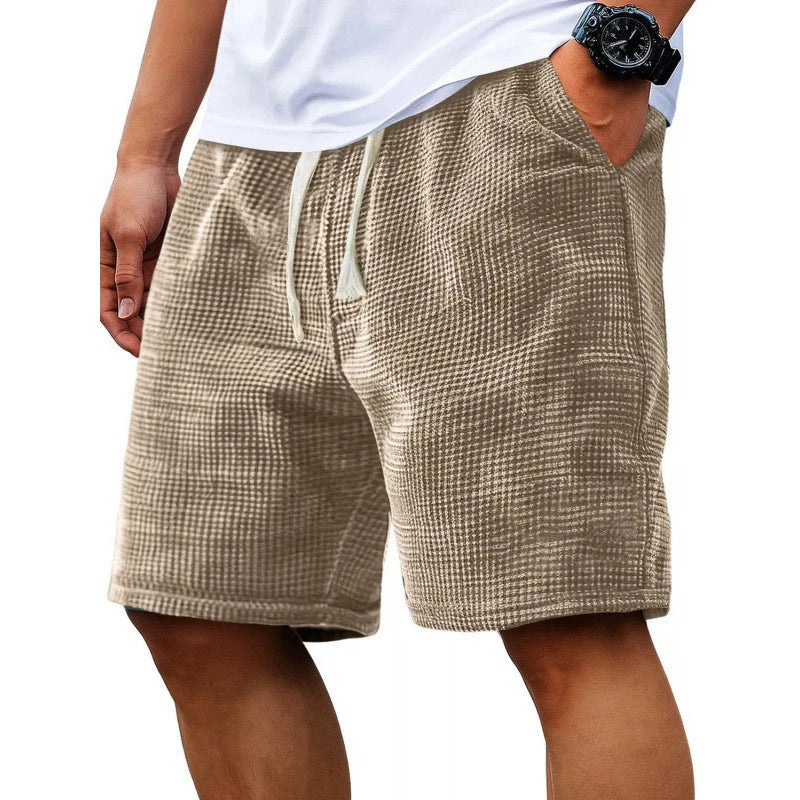 Shorts casuales para hombre de tela verde oliva con textura waffle y cordón ajustable