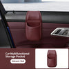 A maroon car door storage pocket organizer with a cup holder and phone slot shown inside a vehicle interior.
