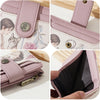 A pink floral print women's wallet with a zipper and card slots shown in various angles.