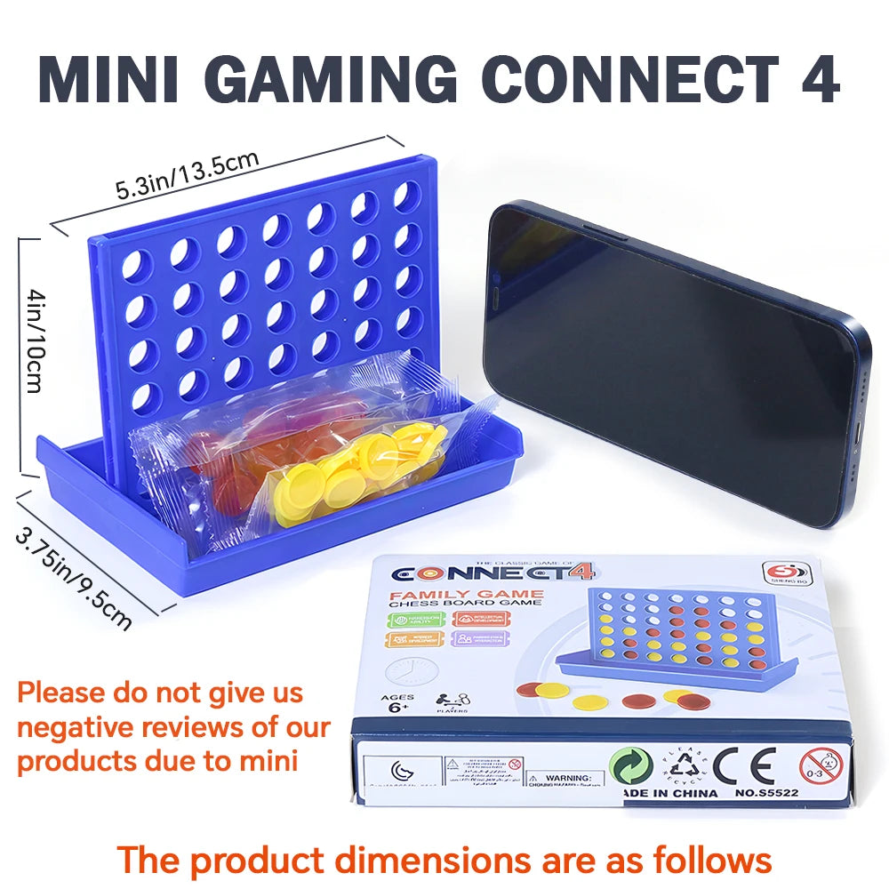 Mini Gaming Connect 4 set featuring a blue plastic board and yellow game pieces for family fun