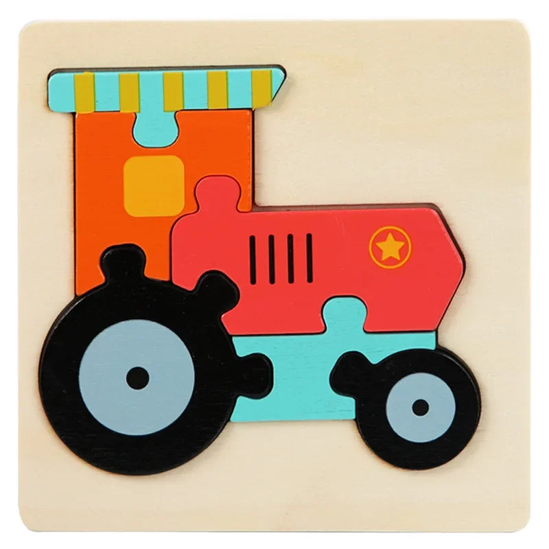 A wooden jigsaw puzzle depicting a bright orange and red train with a yellow roof on a light background.