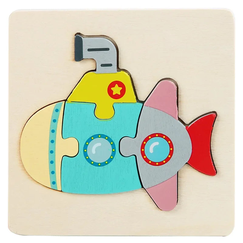 A wooden jigsaw puzzle shaped like a yellow and blue fish with a gray tail and pink accents.