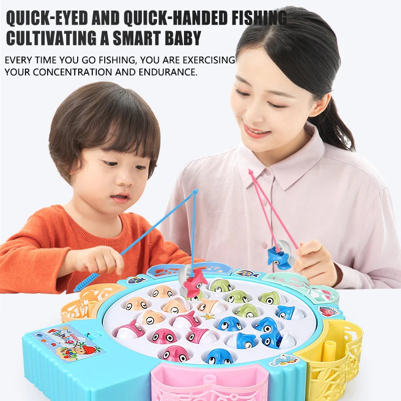 En mor og et barn leker et roterende magnetisk fiskespill med små plastfiskleker.