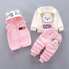 A three-piece cartoon loungewear set for kids featuring a pink hooded jacket, matching top, and pink pants.