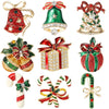 Colección de broches navideños festivos: campana verde, lazo rojo, caja de regalo dorada, adorno rojo y verde, bastón de cara