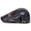 Black men's retro faux leather newsboy cap with a leather strap detail