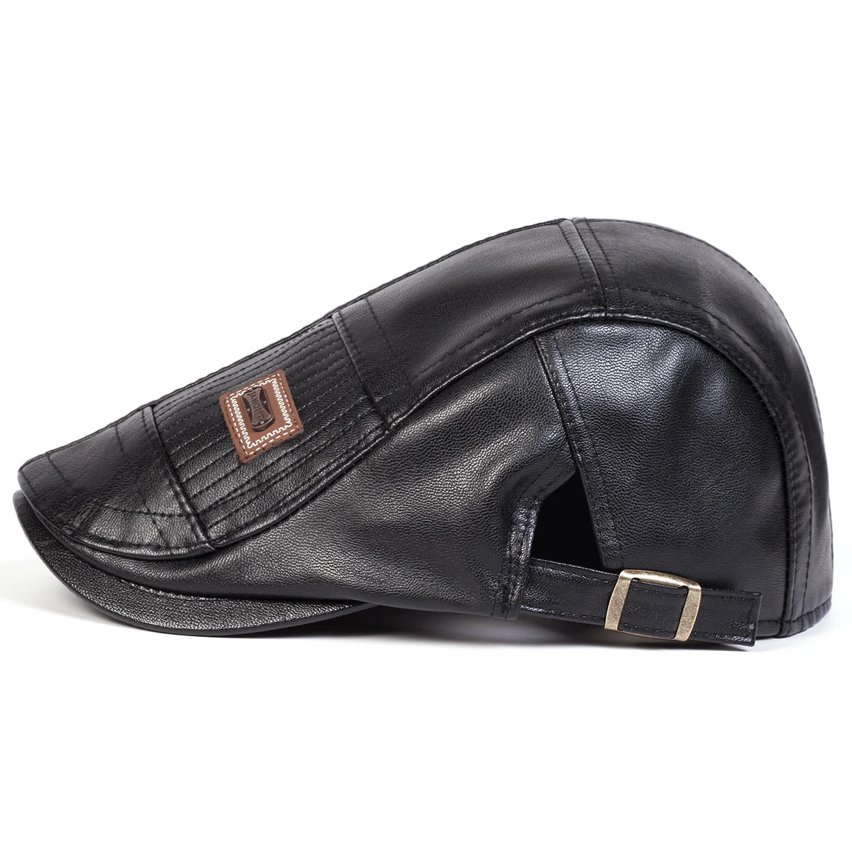 Black men's retro faux leather newsboy cap with a leather strap detail