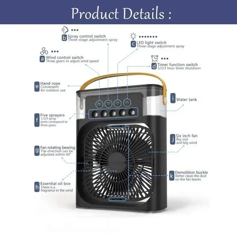 A black personal air cooler fan and humidifier with various adjustment switches and features shown on the front panel.