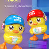 A yellow duck toy with headphones and a red hat, shown next to a blue version.
