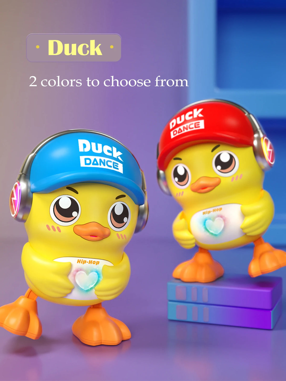 A yellow duck toy with headphones and a red hat, shown next to a blue version.