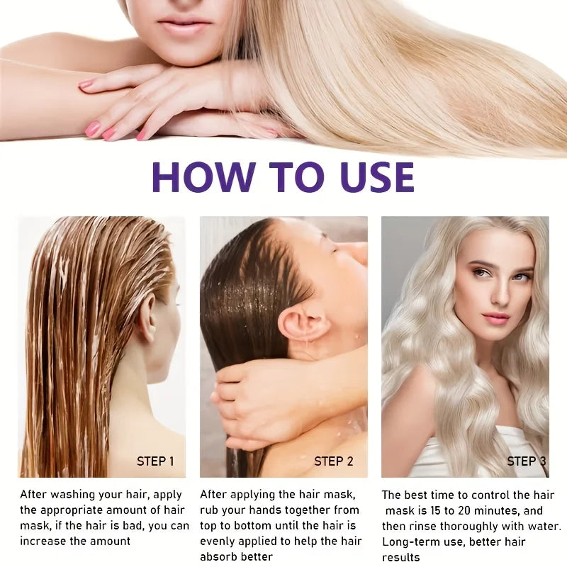 Bruksanvisning for Keratin- og kollagen hårreparasjonsmaske med trinn for påføring og bruk