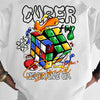 A white men's graffiti cube print cotton t-shirt featuring a colorful 3D cube design and text