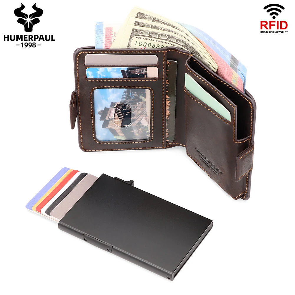 A brown leather wallet with RFID blocking features and an AirTag holder is shown alongside a black card case.