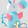 A soft, light blue and white breathable baby head protection pillow for toddlers with pink accents.