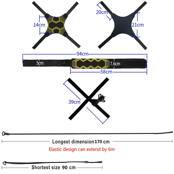 Solo soccer training belt with adjustable tether showing various dimensions and components.