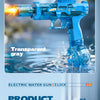 A blue electric water gun with a barrel firing a stream of water and sensor lights, shown in a splash context.