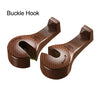 A pair of brown buckle hooks designed for car seat headrest storage, showing a rotating mechanism.