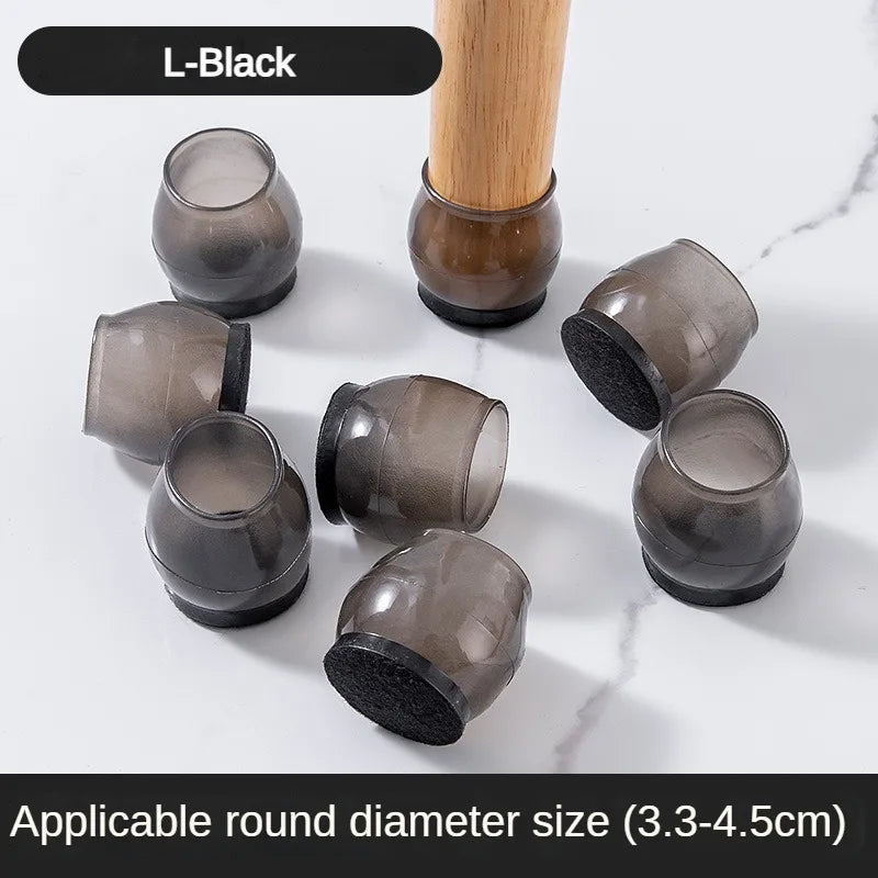 L-Black silicone furniture leg pads with felt bottoms for scratch protection, shown in various sizes.