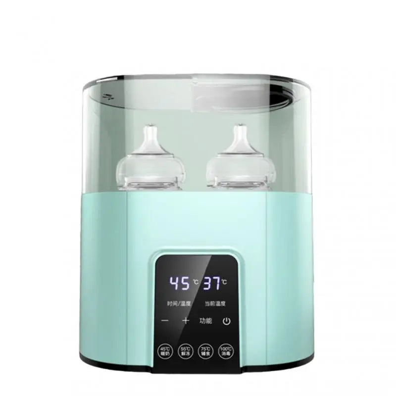 A modern, light mint green electric baby bottle warmer and sterilizer device.