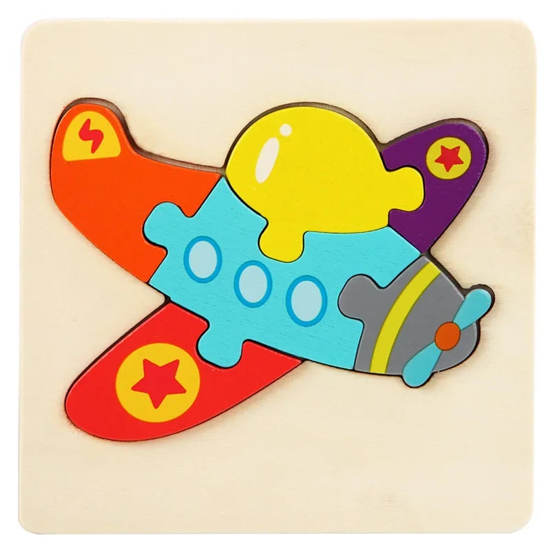 A wooden jigsaw puzzle shaped like a yellow and purple animal, featuring bright colors and puzzle pieces.