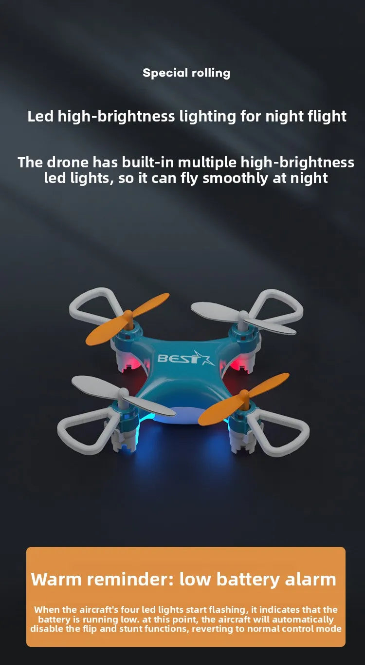 A blue mini drone with LED lights is shown in flight, demonstrating night flight capability.