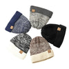 A collection of five two-tone knit beanies in various shades of gray, navy blue, black, and beige.