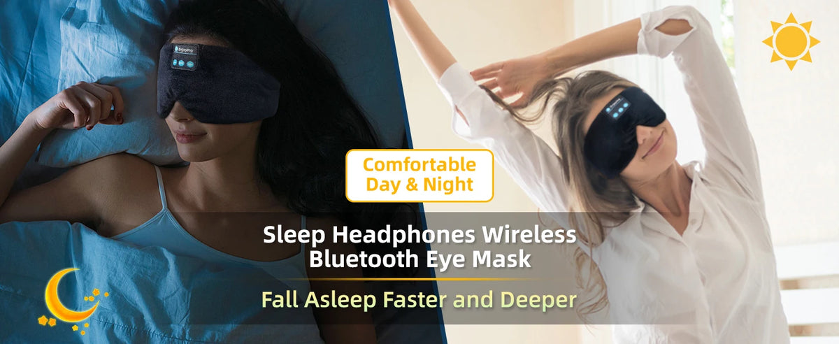 Kvinne bruker komfortabel søvn-hodetelefon med trådløs Bluetooth-øyemaske for raskere og dypere søvn.