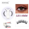 A set of magnetic false eyelashes with a precision tweezer and an example of the finished lash look.