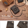 A dark brown leather smart wallet with a chain buckle and key ring is shown on a wooden surface.