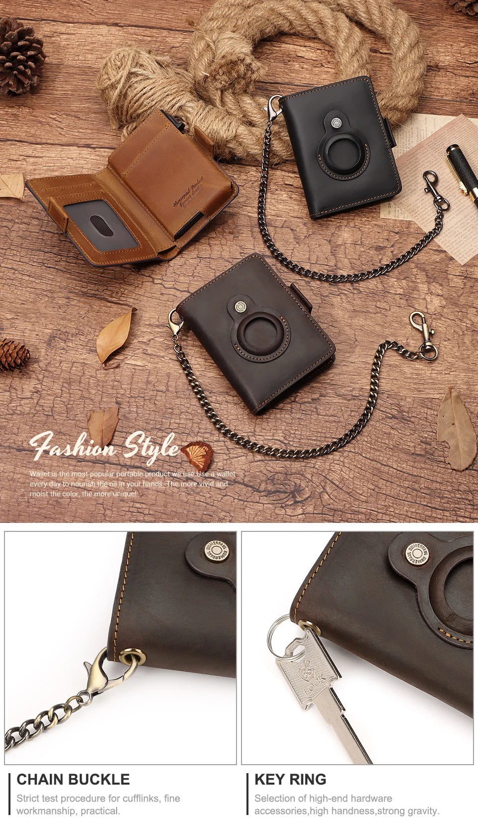 A dark brown leather smart wallet with a chain buckle and key ring is shown on a wooden surface.