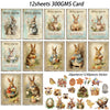 A collection of 12 sheets of 300gms cards featuring rabbits and Easter greetings, along with various decorative stickers.