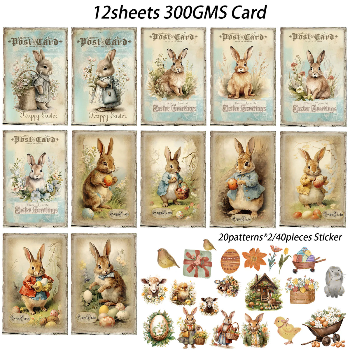 A collection of 12 sheets of 300gms cards featuring rabbits and Easter greetings, along with various decorative stickers.