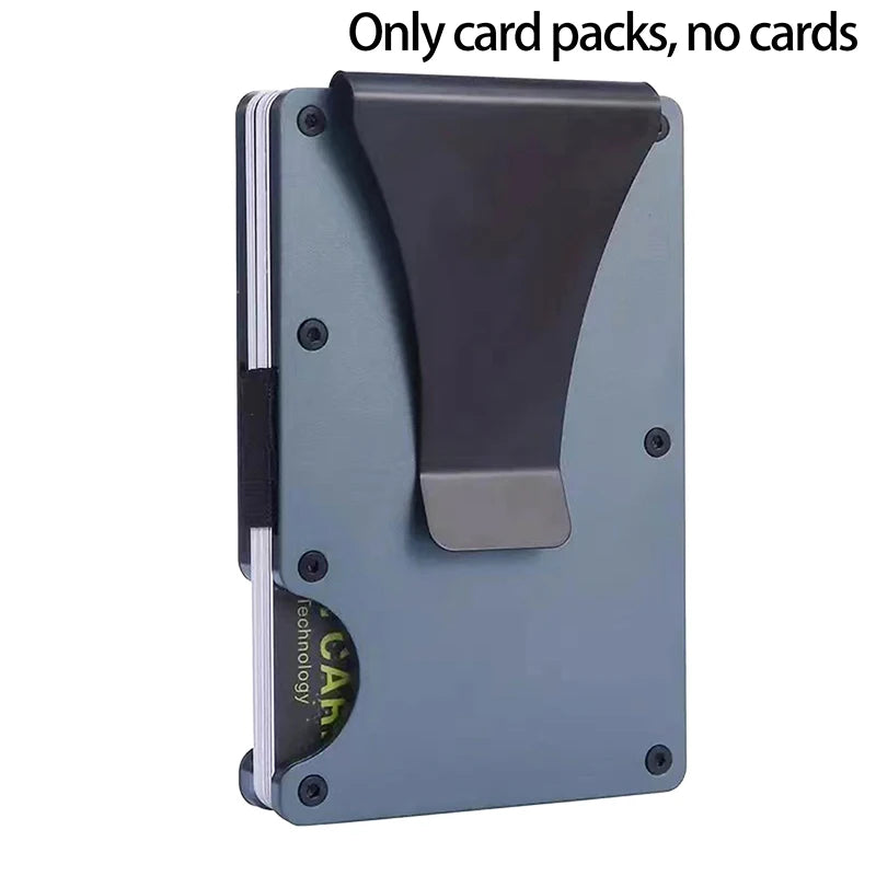 A gray slim RFID-blocking wallet with a removable money clip shown from the side.