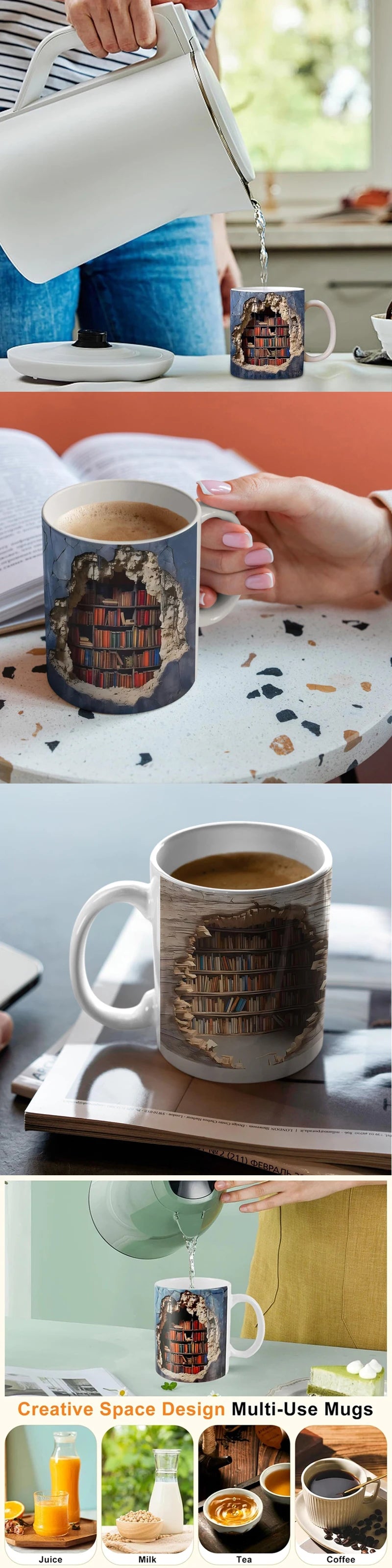 Keramikk kaffekopp med slitt bokhyllemønster, ved siden av forskjellige drikker.
