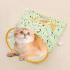 A fluffy orange cat is relaxing inside a light green fabric tunnel toy with yellow accents.