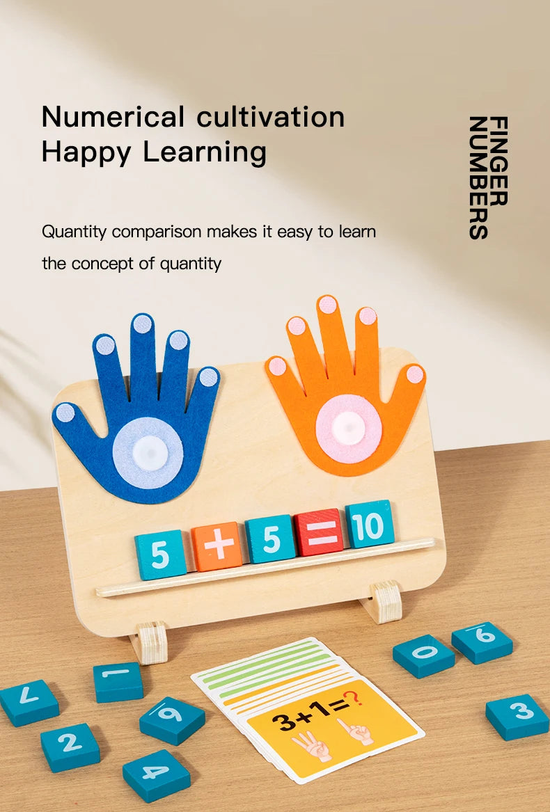 A wooden finger counting number learning toy showing hands and numbered blocks for teaching quantity concepts.