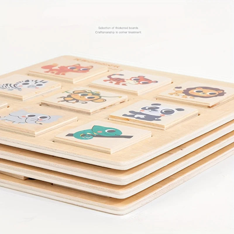 A collection of wooden Montessori fruit and animal matching puzzles with craftsmanship in corner treatment.