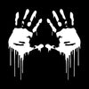 A white handprint with dripping blood effects against a black background.