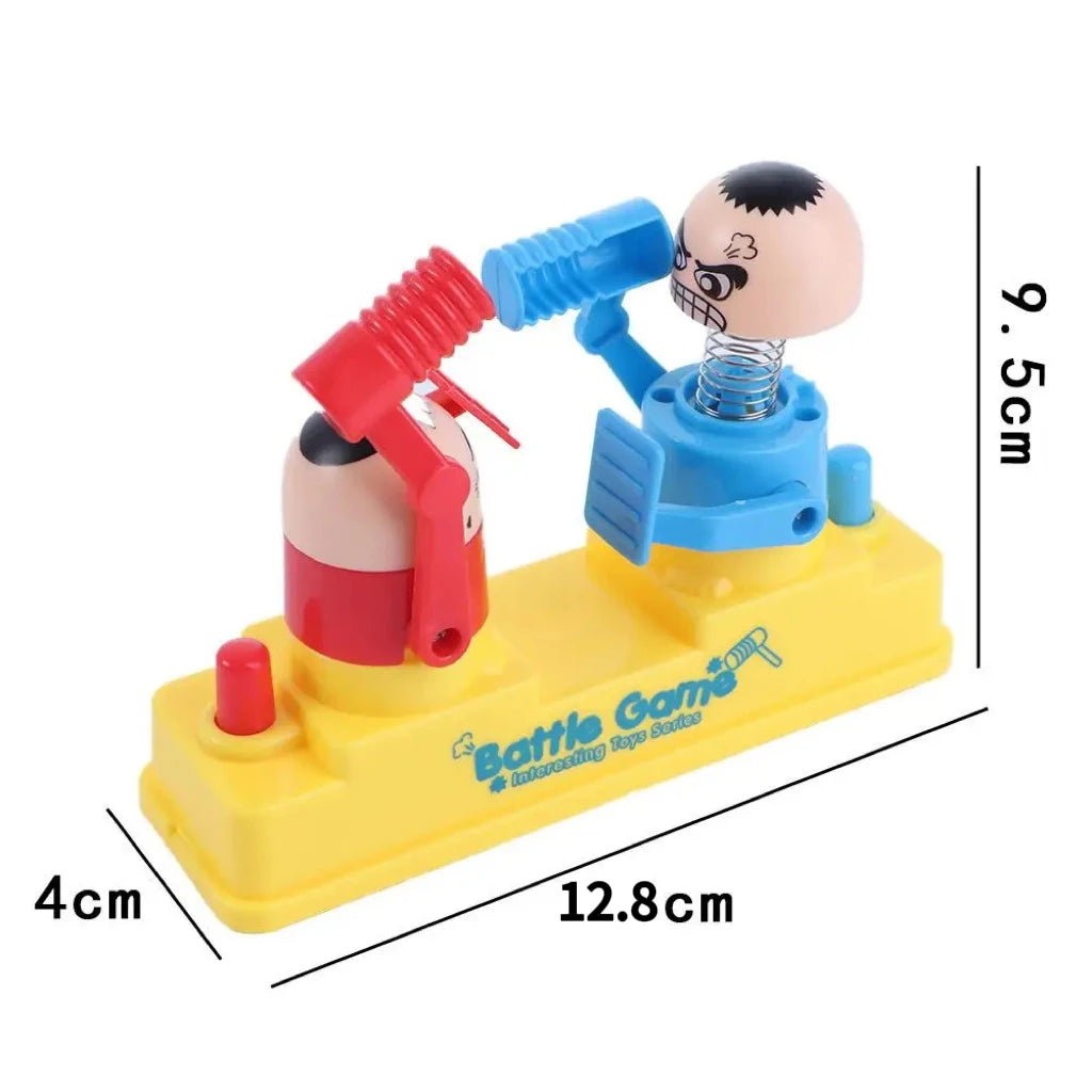 A yellow tabletop game featuring two miniature hammer figures and blue weapons.