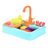 A kids pretend play kitchen sink set featuring an orange faucet and various colorful food items in a blue plastic basin.