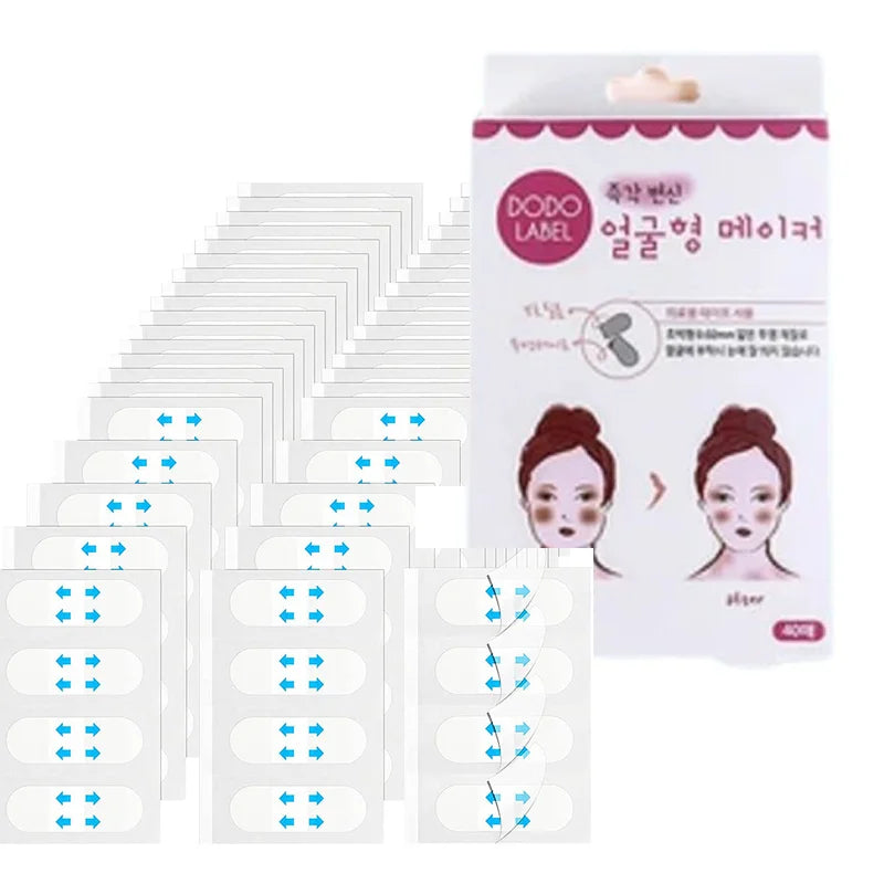 A package of DODO LABEL invisible V-lift face stickers for instant skin tightening is shown next to several sheets of the pro