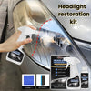 A hand applies headlight restoration kit fluid to a car headlight, showing the product and application process.