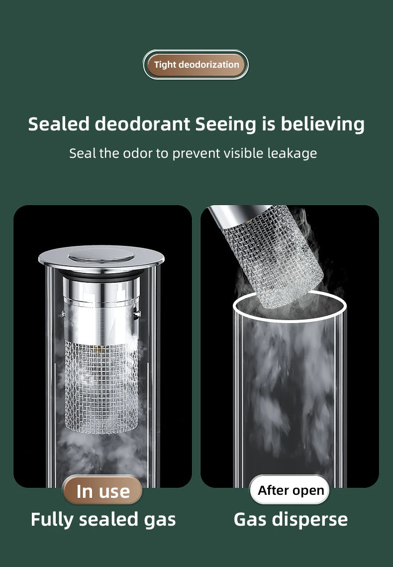 A sealed deodorant seeing device showing fully sealed gas and dispersed gas after opening.