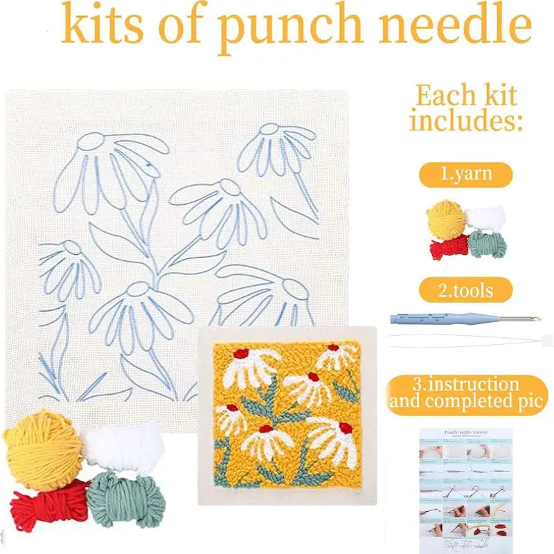 Kit de bordado con punch needle que incluye hilos, herramientas y un diseño terminado de gato y conejo.