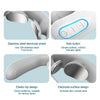 A white TENS pulse massager showing various features including a side button, elastic design, and electrode surface.