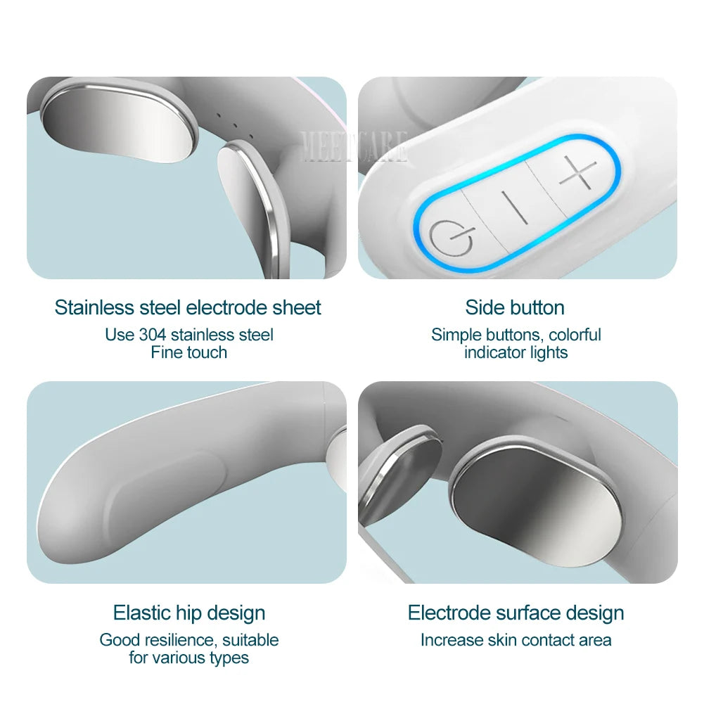 A white TENS pulse massager showing various features including a side button, elastic design, and electrode surface.